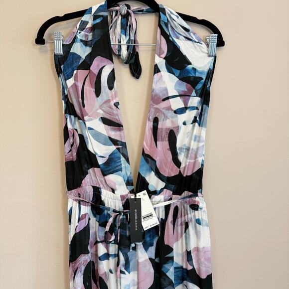 BCBGMAXAZRIA Plunge Halter Tropical Leaf Print Jumpsuit Womens M Multi Boho NWT - Picture 4 of 10